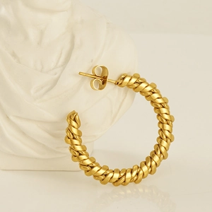 French vintage 18K gold plated stainless steel twisted rope hoop earrings for women