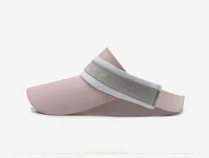 Detail of breathable pink sun visor with grey trim and embroidered brand logo