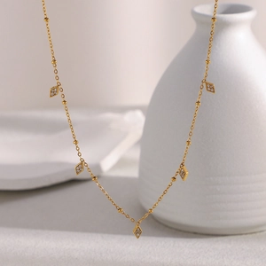 18K gold plated stainless steel beaded chain necklace with diamond shaped pendant