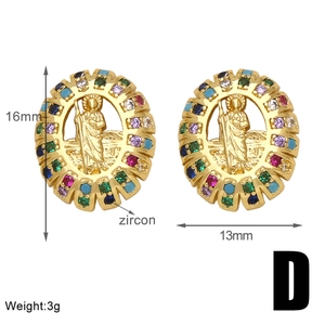 Detail showing 16mm gold St. Jude earrings with multicolored zircon stones and dimensions