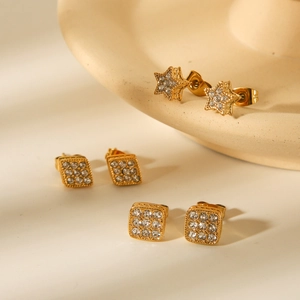 18K gold plated stainless steel star and geometric stud earrings set with white crystals