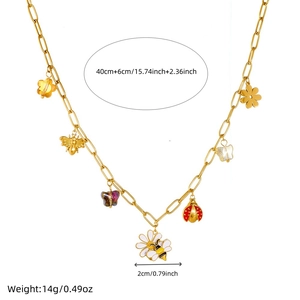 Chic gold paperclip chain necklace with colorful bee flower and ladybug charms
