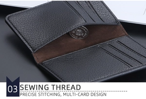 Detail view of premium black lychee pattern leather wallet with multiple card slots and fine stitching