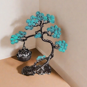 Detailed metal incense burner hanging from a pine tree statue in zen style