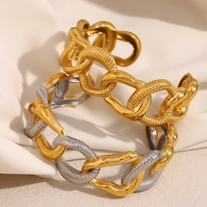 Bracelet Jonc En Acier Inoxydable Plaqué Or 18K Pour Femmes Chaîne Épaisse Moderne Bicolore Texture Torsadée Ouvert