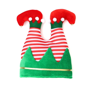 Striped Christmas elf hat with red white legs and green trim for party costume