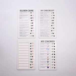 Detail of four-piece plastic memo checklist boards with sliders for RV and home tasks