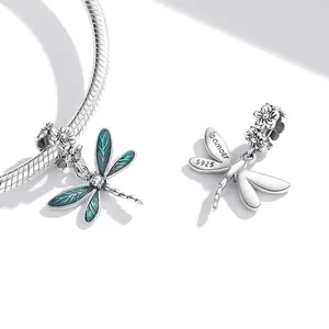 Pendentif Libellule en Argent S925 avec Émail Bleu et Zirconium pour Bracelets de Femme