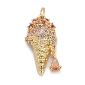 Detail of gold ice cream cone charm with colorful zircon stones and peach pear-shaped drop