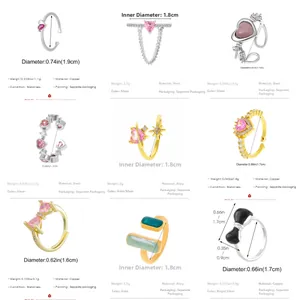 Collection of nine unique heart and bow rings with colored zircons and detailed dimensions