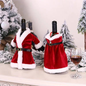Christmas wine bottle covers set featuring Santa coat and dress in red velvet