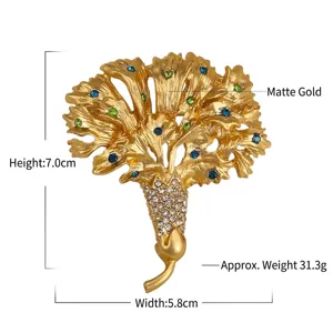Detailansicht der Blumenbrosche mit blau-grünen Steinen und mattgoldener Veredelung