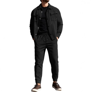 Men's heavyweight black two-piece casual set with shirt jacket and drawstring joggers