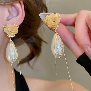French vintage rose earrings with waterdrop pearls and golden tassel dangles for women