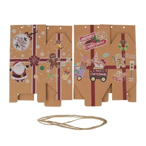 Flat lay of Christmas kraft paper gift boxes with Merry Christmas prints and jute rope