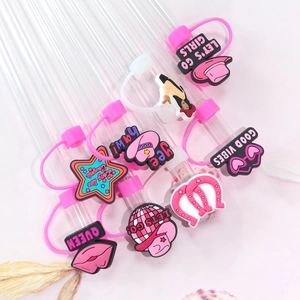 Pink western style PVC straw covers with cowboy hat and star designs for 10mm straws