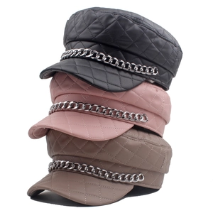 Leather flat top military caps with quilted pattern and silver chain in three colors