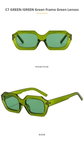 Detail view of small geometric sunglasses featuring green frame and green lenses