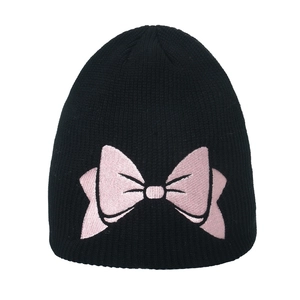 Women's black knit beanie with pink embroidered bow pattern for winter warmth