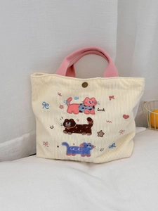 Sac à main mignon en velours côtelé beige avec broderie chat et anses roses