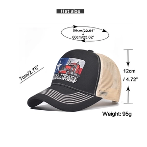Detail of custom embroidered Texas Trucker Hat showing mesh back and adjustable fit dimensions