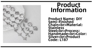 Macro detail of handmade stainless steel butterfly and cross charms on silver DIY chains