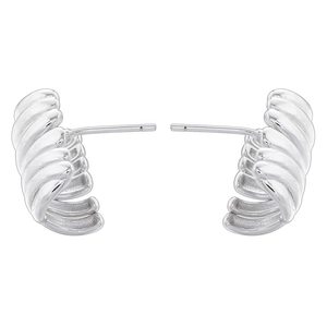 Close-up of silver-plated spiral textured wave earrings with a sleek metallic finish