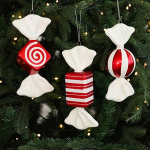 Christmas Candy Hanging Ornaments Plastic Red White Striped Glitter Festive Decor For Xmas Tree Home Party