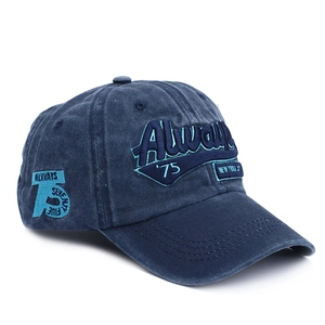 Detailed embroidery of Always 75 and New York City tag on washed navy baseball cap