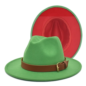Two-tone wool fedora hat with green exterior, red underbrim and buckled leather band