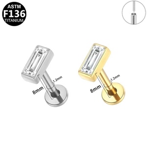 Clous de labret en titane ASTM F136 or et argent avec gemmes rectangulaires claires