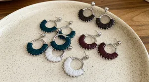 Vintage round stud earrings with woven leather in green, black, cream and burgundy set