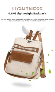 Detail of a lightweight 0.6kg color-block PU leather backpack with a tassel charm