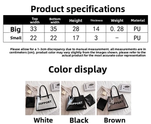 Detailed size specifications and parameters table for transparent jelly tote bags