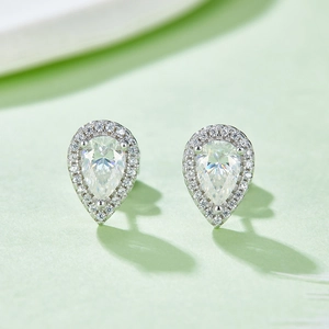 Elegant S925 sterling silver pear-shaped moissanite stud earrings with halo setting