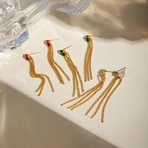 18k gold plated stainless steel tassel earrings with teardrop zircon crystals
