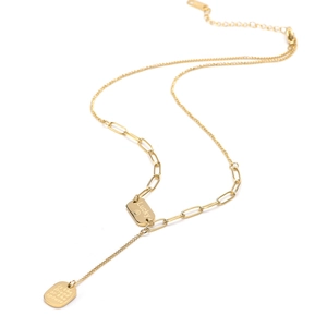 Golden titanium steel link chain necklace with Lucky and engraved quote tags on white background