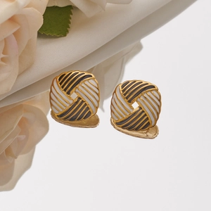 Minimalist square stainless steel stud earrings with black and white enamel stripes