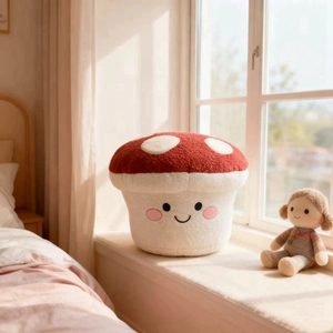 Close-up of soft red plush mushroom doll with white spots on a sunny bedroom windowsill