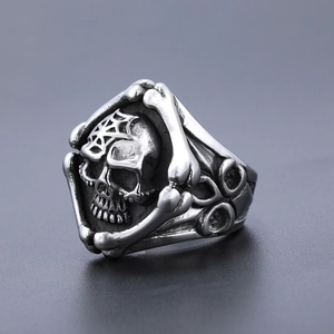 Gothic punk skull ring with spider web relief in vintage silver finish for men