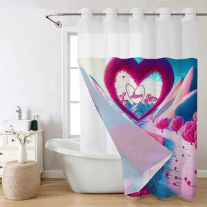 Detail of waterproof waffle fabric shower curtain with heart print and metal ring grommets