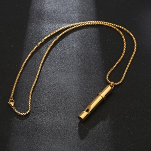 Polished gold whistle pendant necklace on a thin box chain over black textured background
