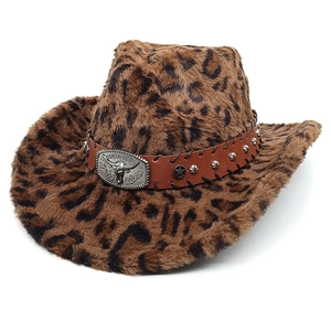 Detailed view of plush leopard print cowboy hat with studded leather band and bull head buckle