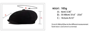 Size chart showing 55-60cm head circumference for the wool herringbone newsboy cap