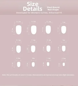 Size chart for short round press-on nails showing 24 pieces in 12 different dimensions