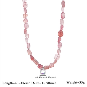Detail showing natural pink crystal beaded necklace with square pendant and size specs