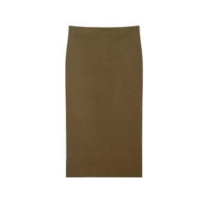 Jupe midi en tricot kaki foncé pour femme avec texture côtelée et coupe ajustée
