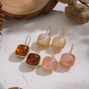 Boucles Oreilles Pendantes En Résine Carrée Acier Inoxydable 304 Plaqué Or Imperméable Hypoallergénique Bijoux Mode Vintage Femme