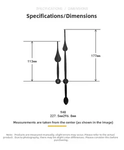 Detailed view of black metal clock hands with vintage leaf design and dimensions