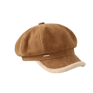 Winter faux suede newsboy cap in brown with fleece trim and metallic detail
